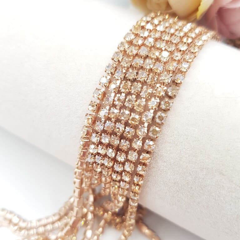 Rhinestone Cup Chain Champagne, Rose Gold Plating, SS6. CC83