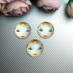 Matryoshka Doll Face Glass Cabochon with Flat Back, White Skin Tone, Blond Hair, Blue Eyes