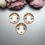 Matryoshka Doll Face Glass Cabochon with Flat Back, Light Skin Tone, Red Hair, Blue Eyes