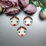Matryoshka Doll Face Glass Cabochon with Flat Back, Pale Skin Tone, Light Brown Hair, Blue Eyes, Big Red Lips