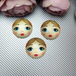 Matryoshka Doll Face Glass Cabochon with Flat Back, White Skin Tone, Blond Hair, Blue Eyes, Red Lips