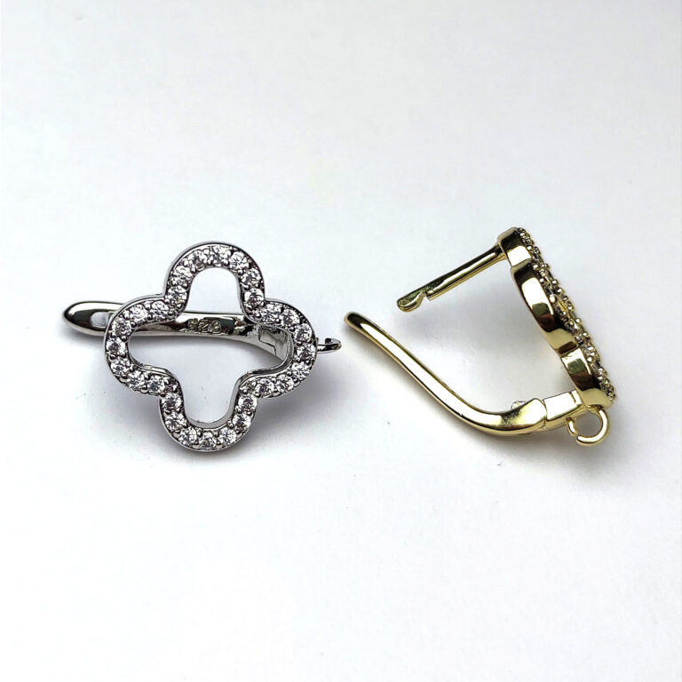 Latch Back Earring Components, Silver/Gold Plated, Decorated With Rhinestones, 1.5 cm