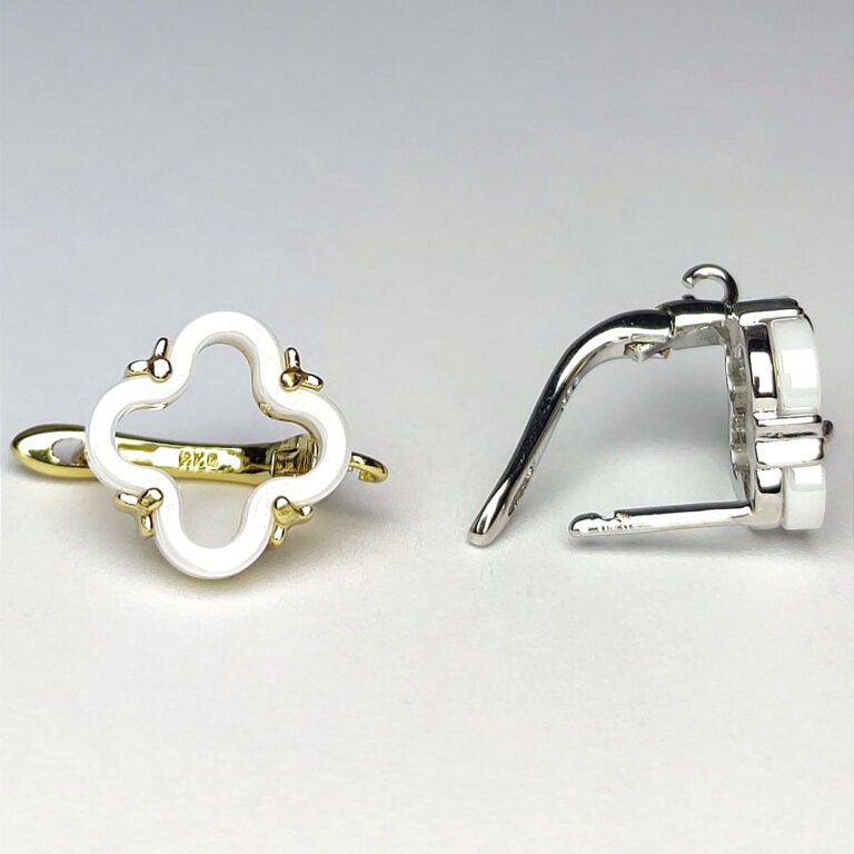 Latch Back Earring Components, Silver/Gold Plated, White Ceramics Decorated, 1.4 cm