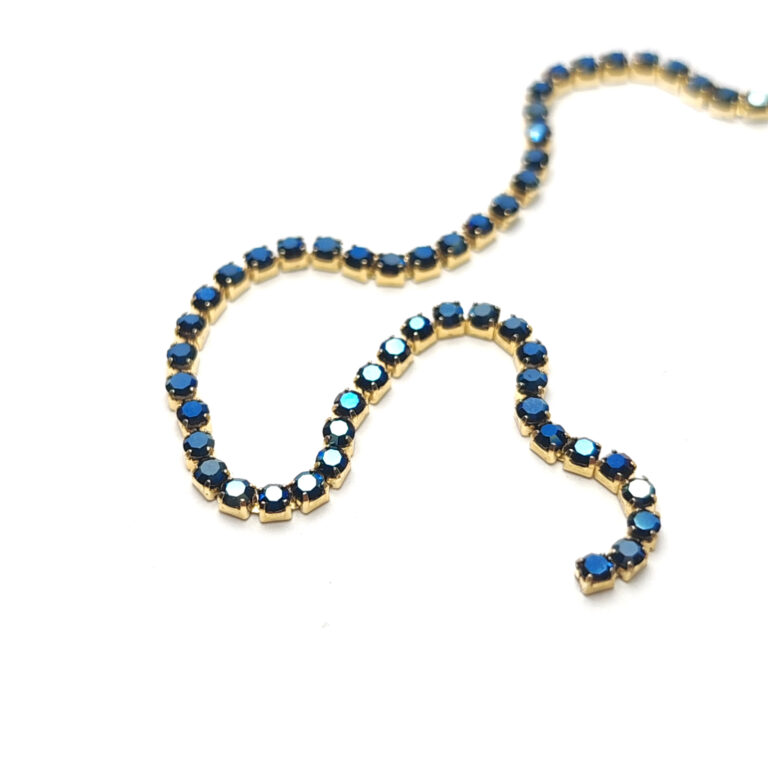 Gold Plated Cup Chain with Metallic Blue Crystal Rhinestones, SS6