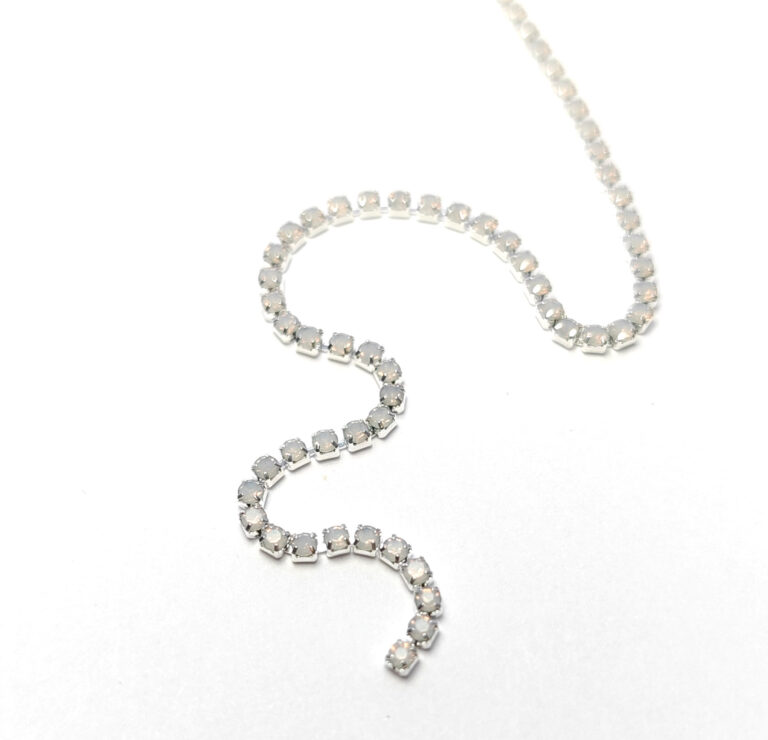 Silver Plated Cup Chain with White Opal Rhinestones, SS6 (2mm)